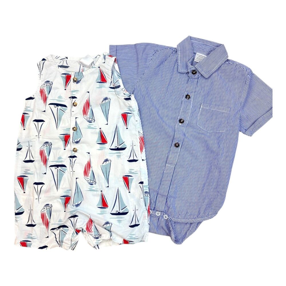 Baby Boys Patriotic Summer Bundle18-24M Sailboat Romper & Striped Shirt 1-Piece